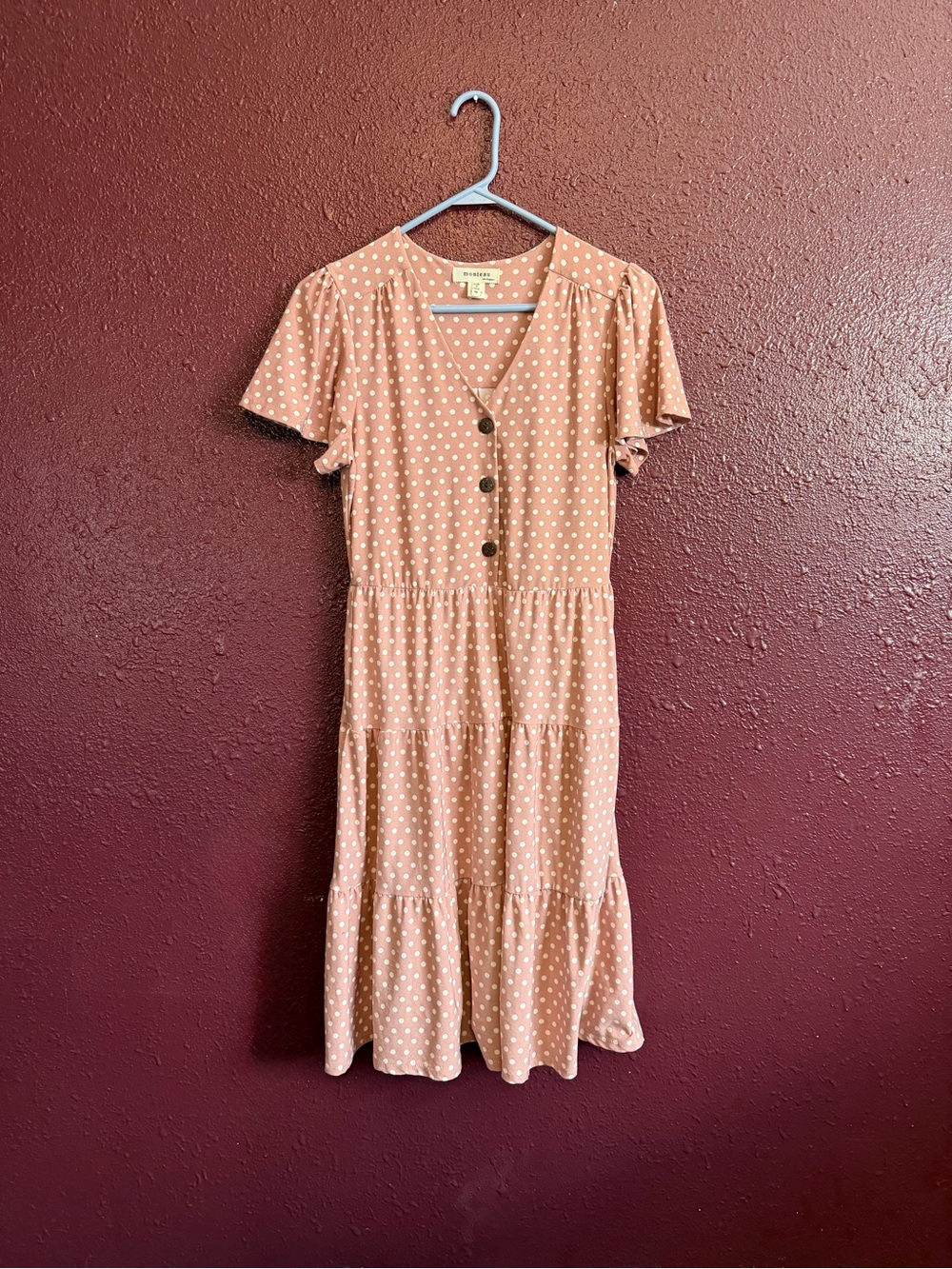 Monteau Peach Polka Dot Tiered Midi Dress Medium